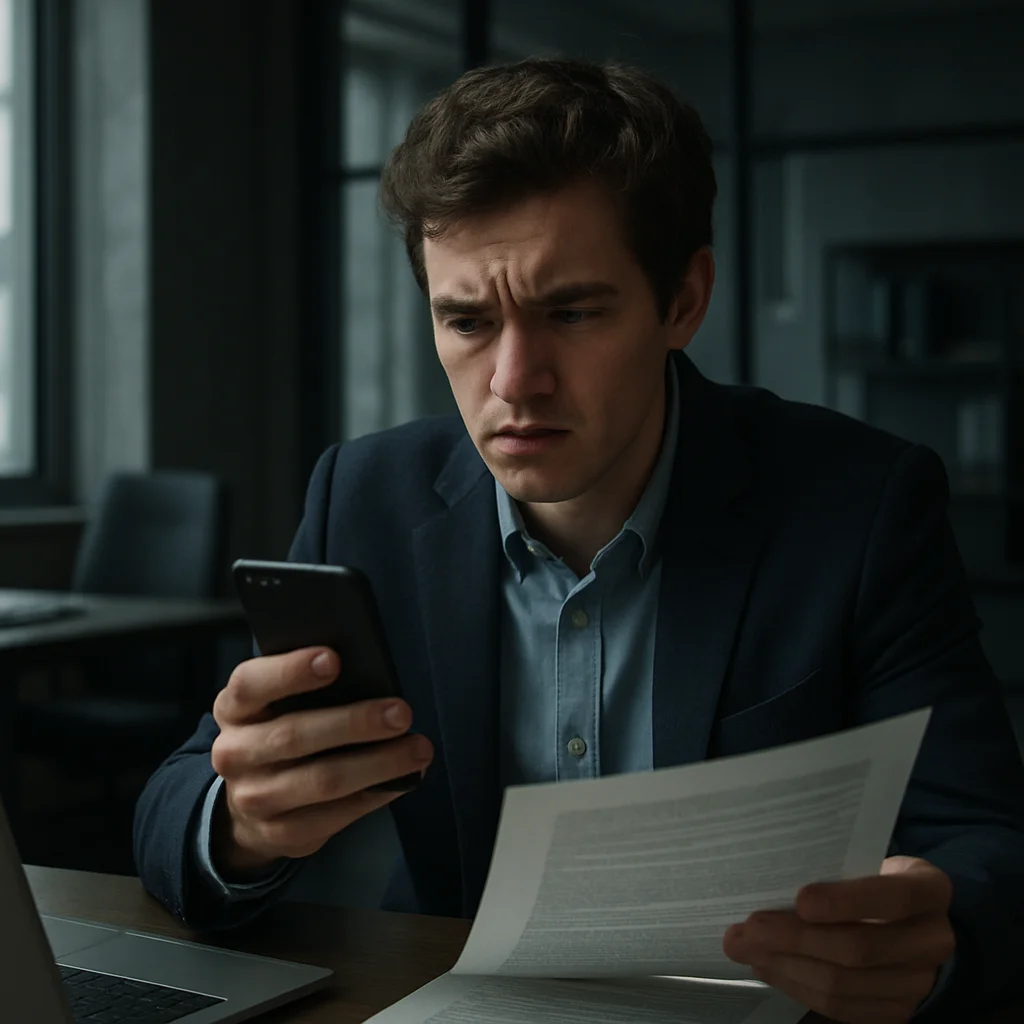 Соискатель анализирует подозрительные условия договора на экране смартфона